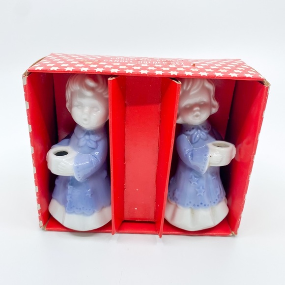 Vintage Blue & White Porcelain Angel Candle Holder Set w/ Original Box Taiwan - Picture 2 of 14